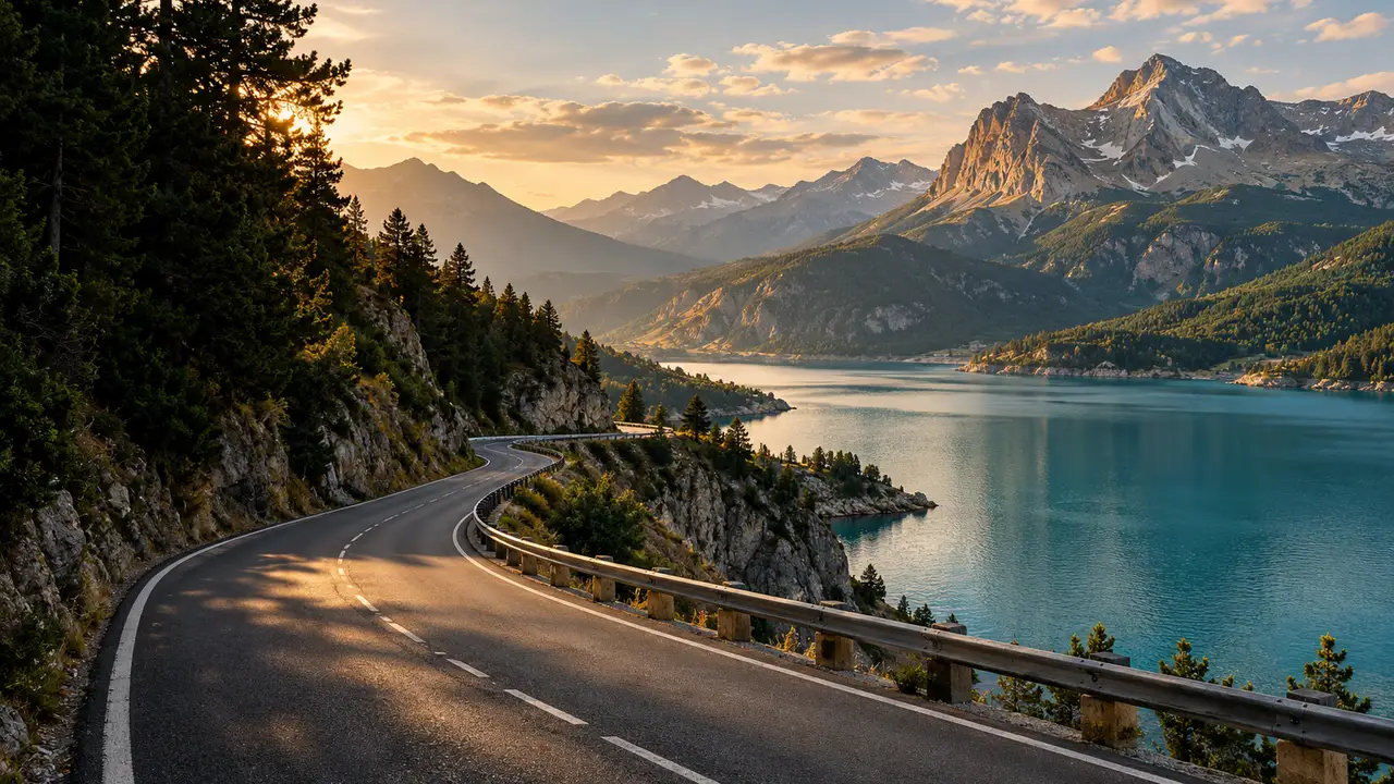 Carretera de montaña junto a un lago al atardecer